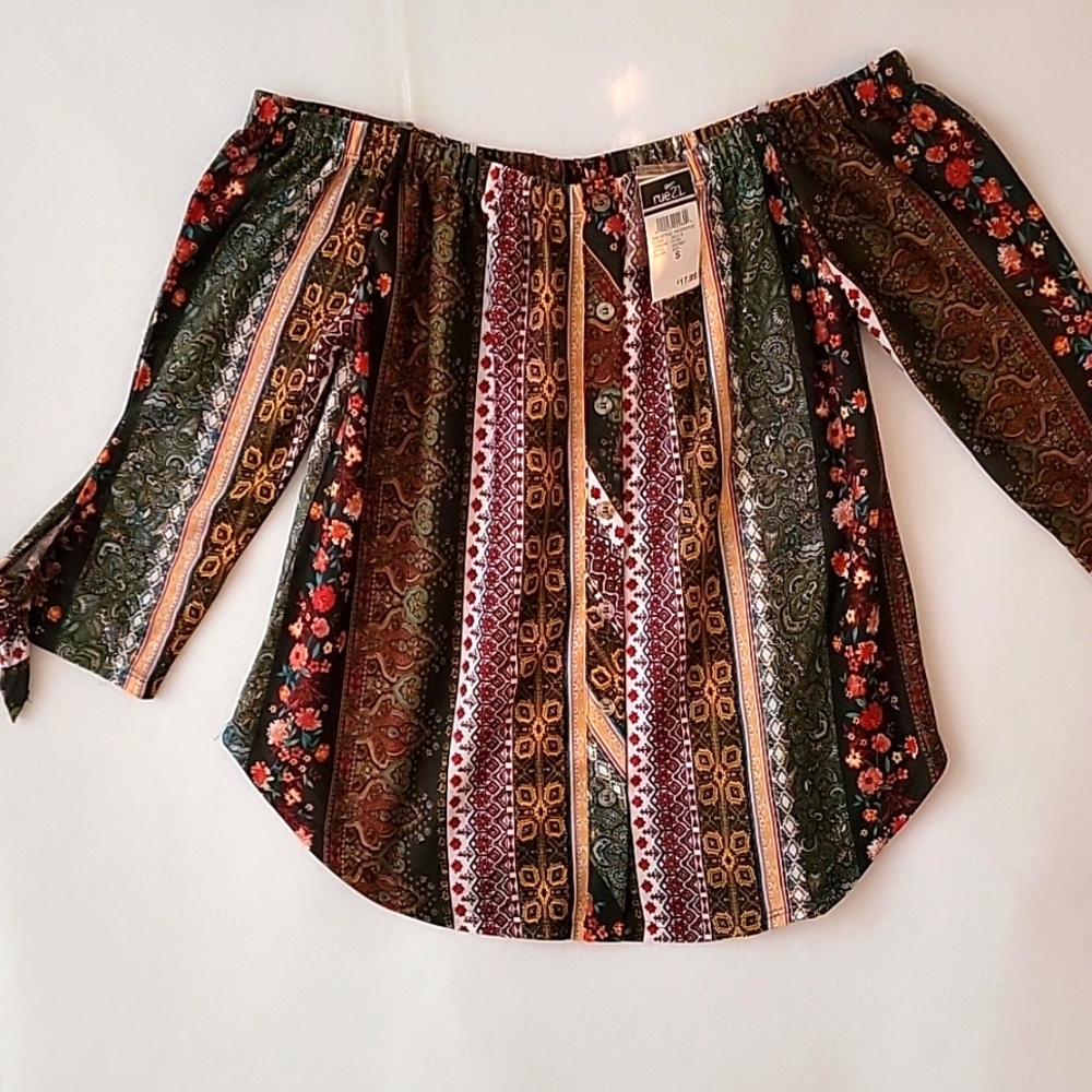 Rue 21 Off Cold Shoulder 3/4 Sleeve Button Up Peasant Top Size Small